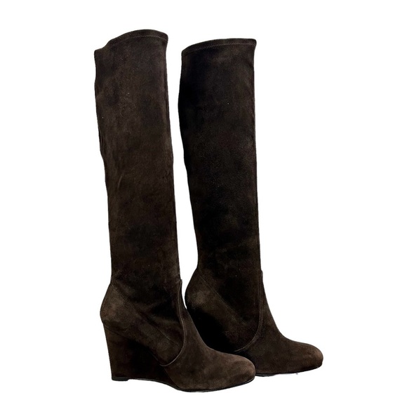Stuart Weitzman Shoes - Stuart Weitzman dark chocolate brown suede knee-high stretchy wedge boots Sz 6.5